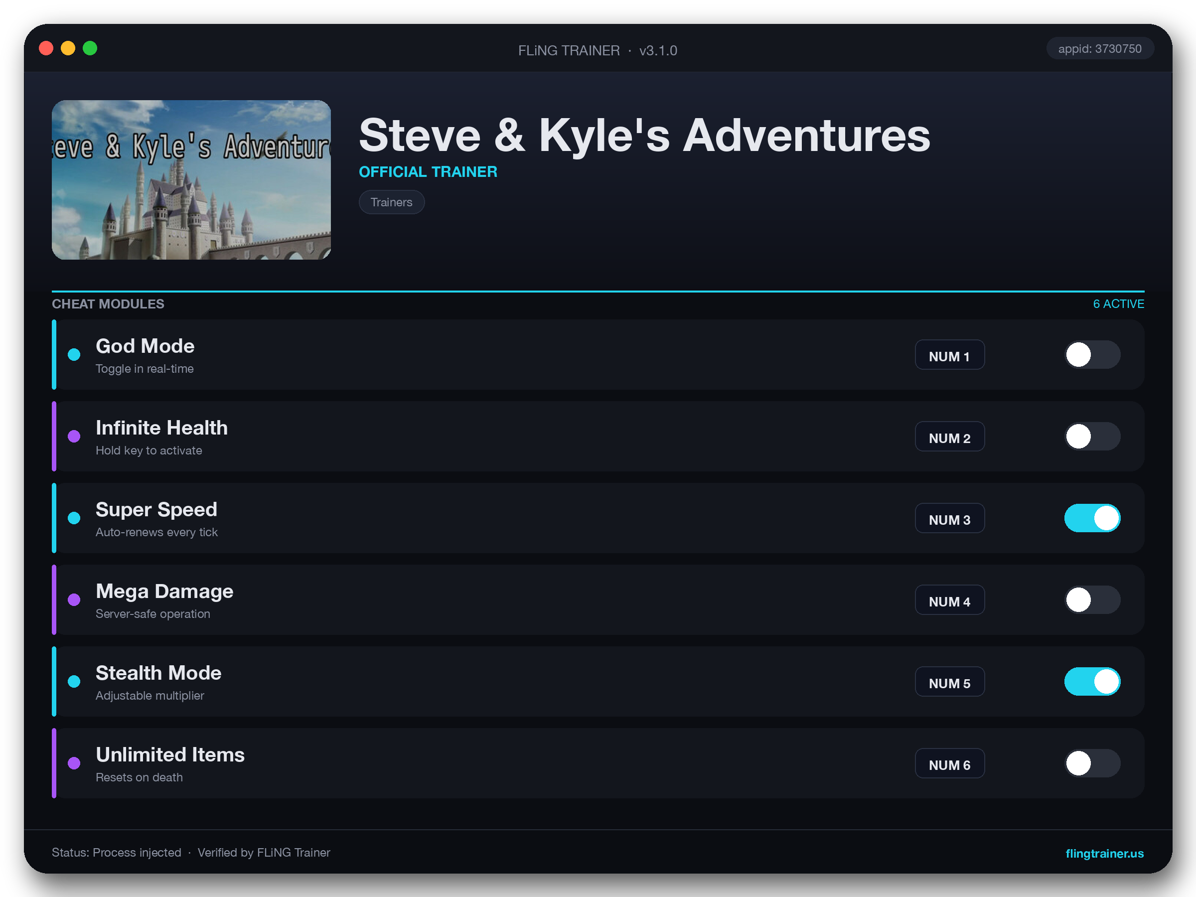 Steve & Kyle's Adventures Trainer interface