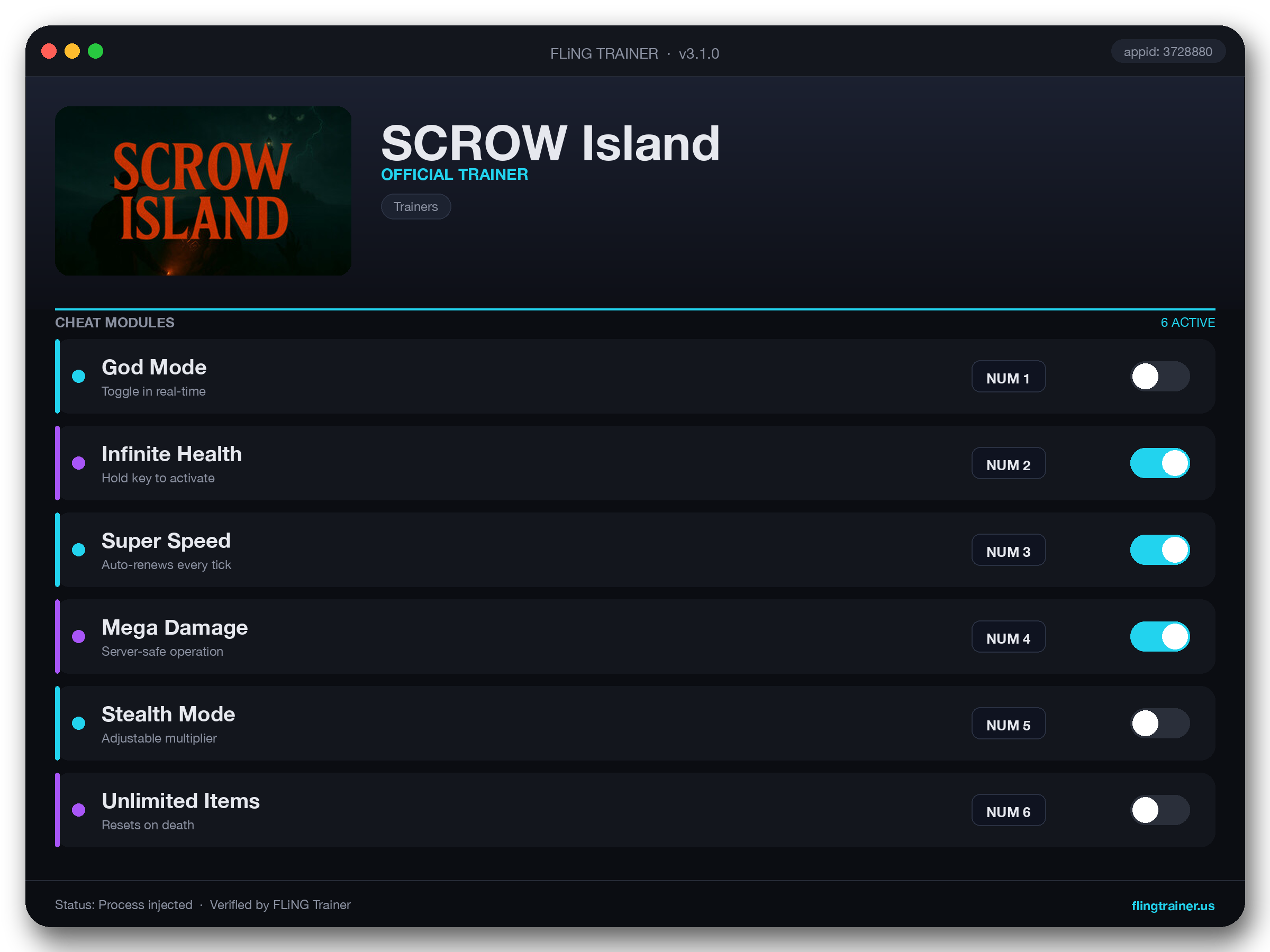 SCROW Island Trainer interface
