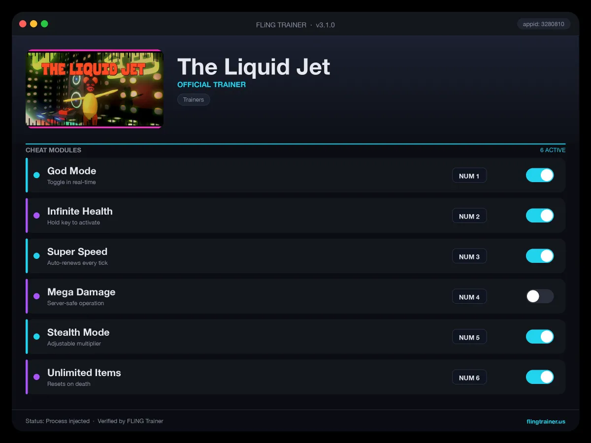 The Liquid Jet Trainer interface