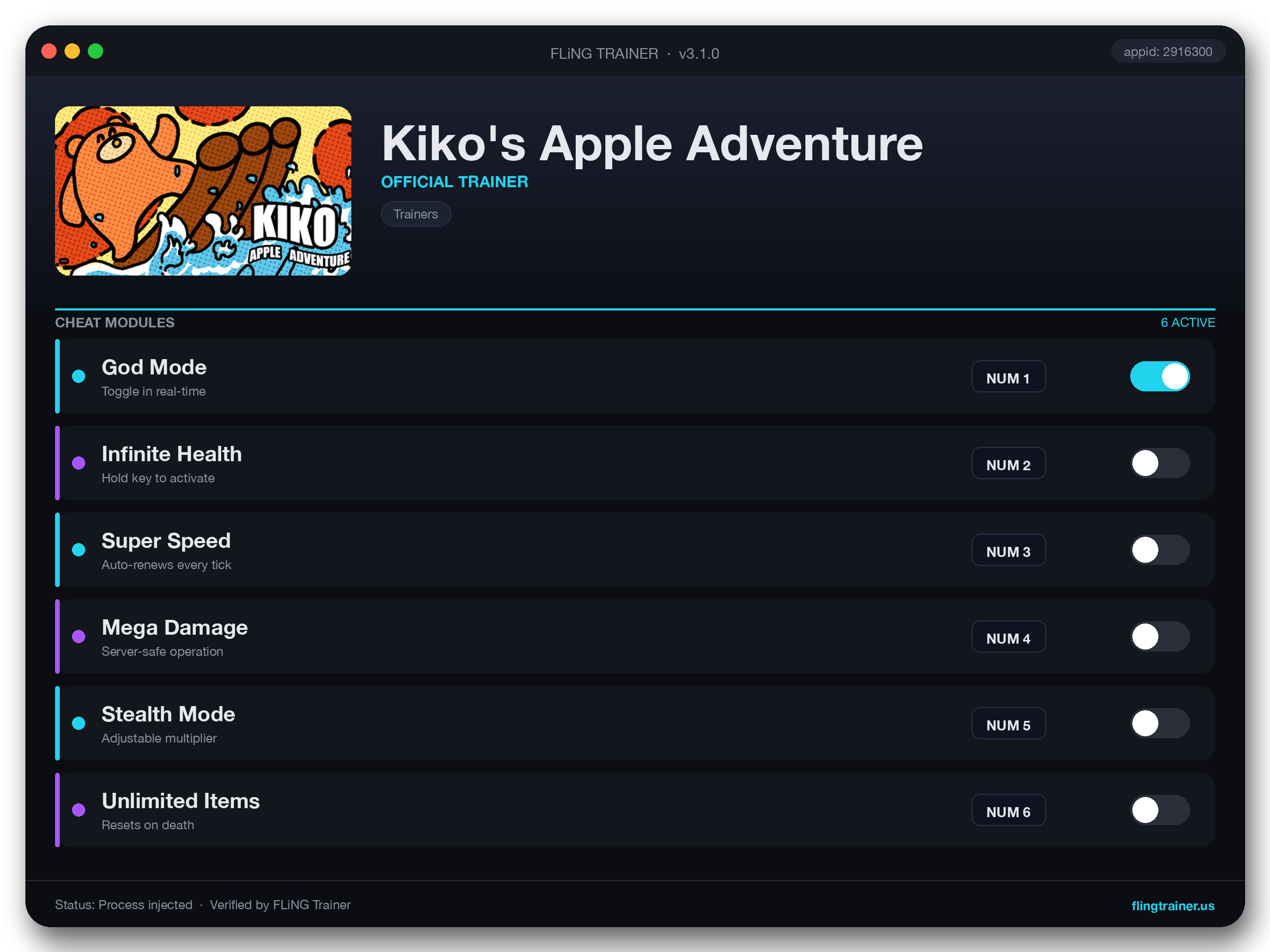 Kiko's Apple Adventure Trainer interface