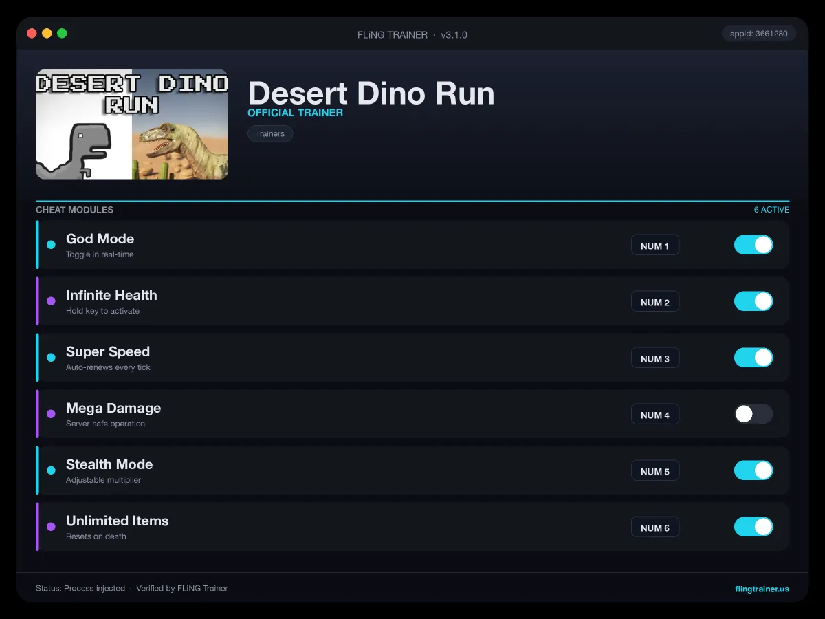 Desert Dino Run Trainer interface
