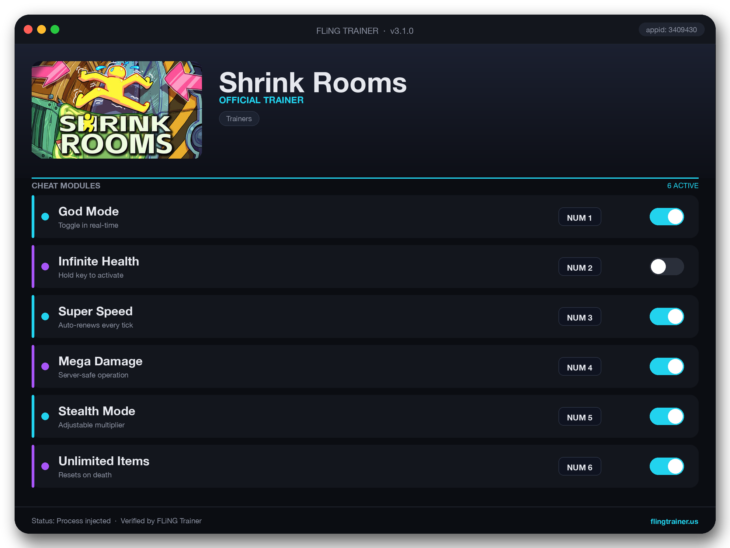 Shrink Rooms Trainer interface