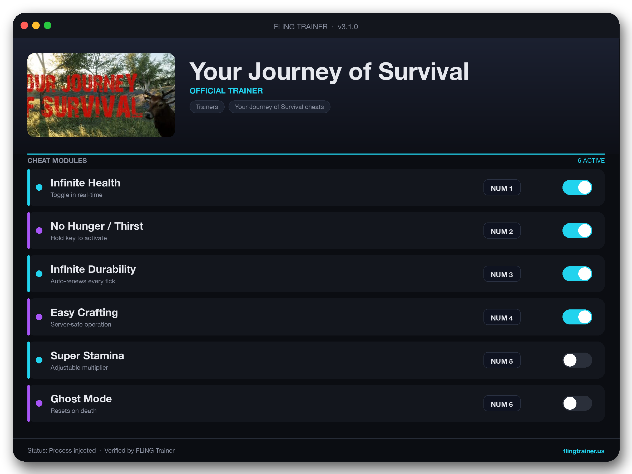 Your Journey of Survival Trainer interface