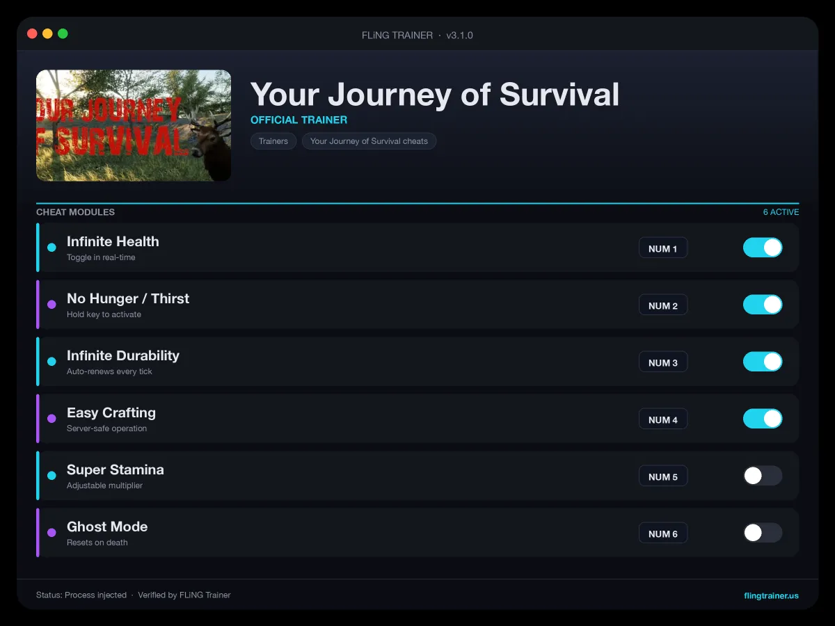 Your Journey of Survival Trainer interface