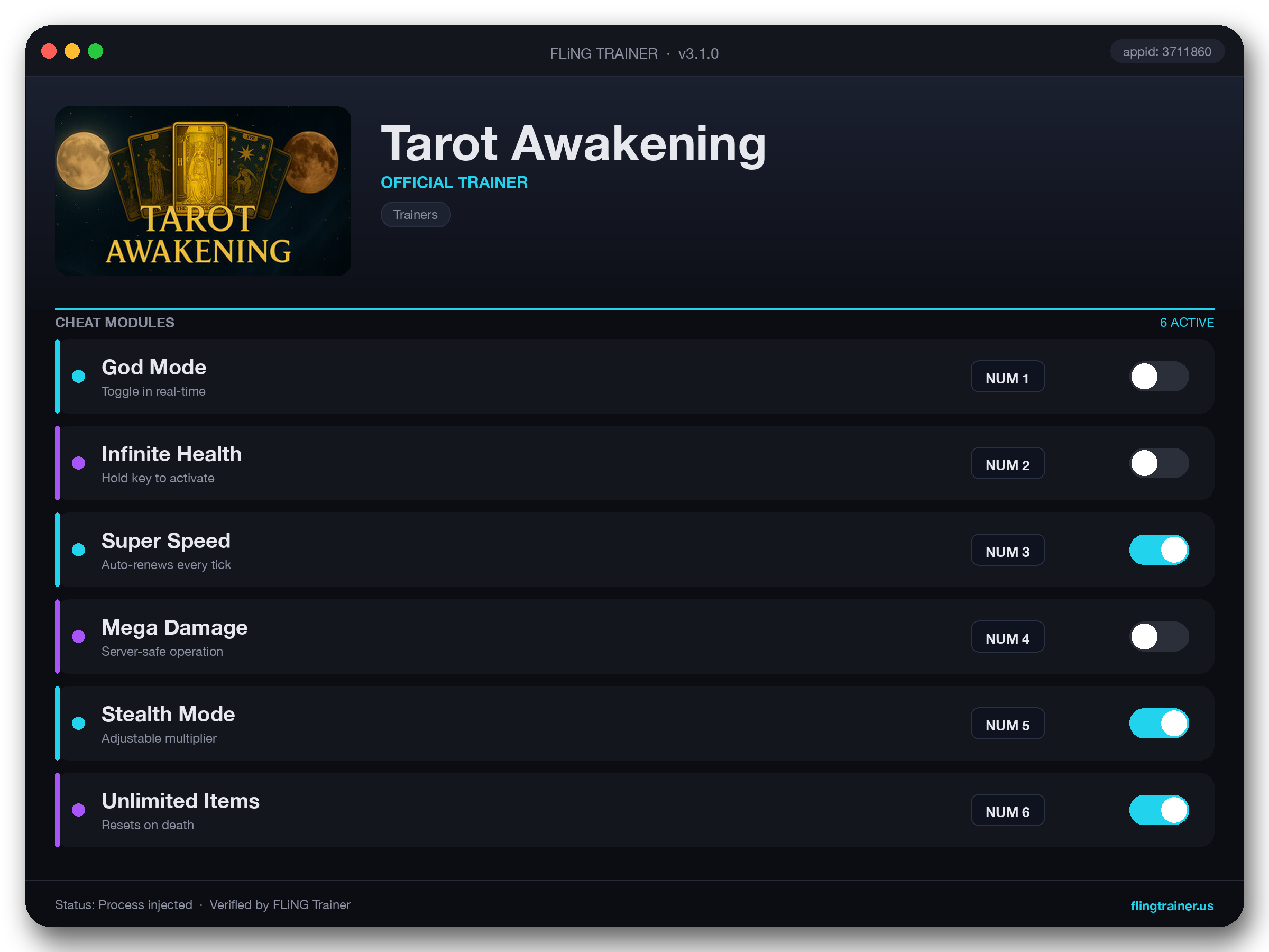 Tarot Awakening Trainer interface