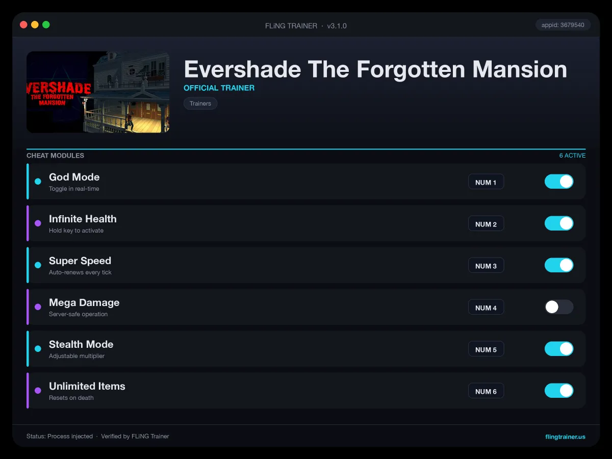 Evershade The Forgotten Mansion Trainer interface