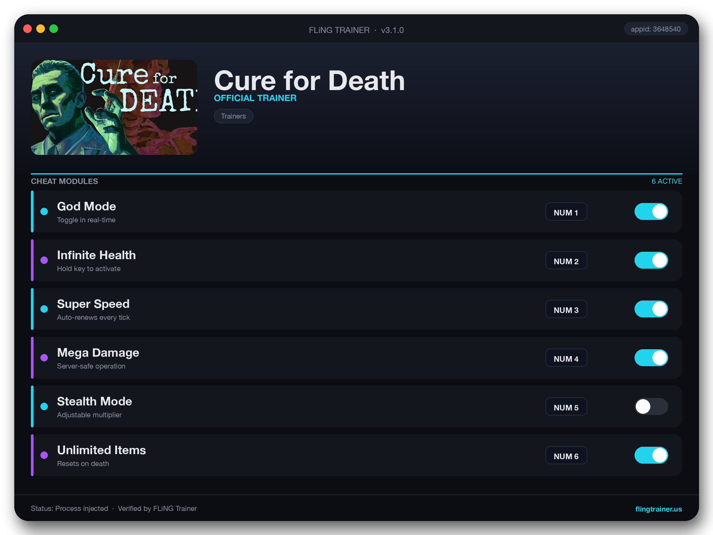 Cure for Death Trainer interface