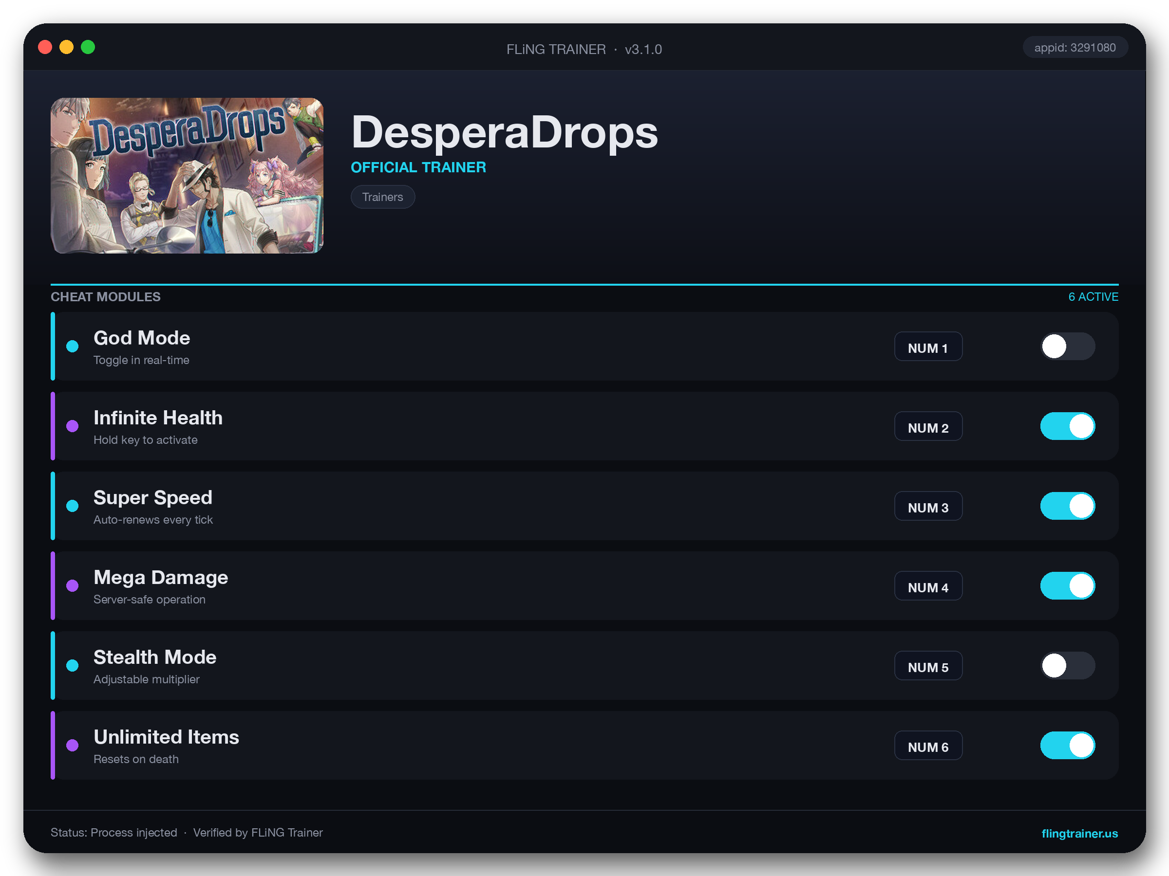 DesperaDrops Trainer interface