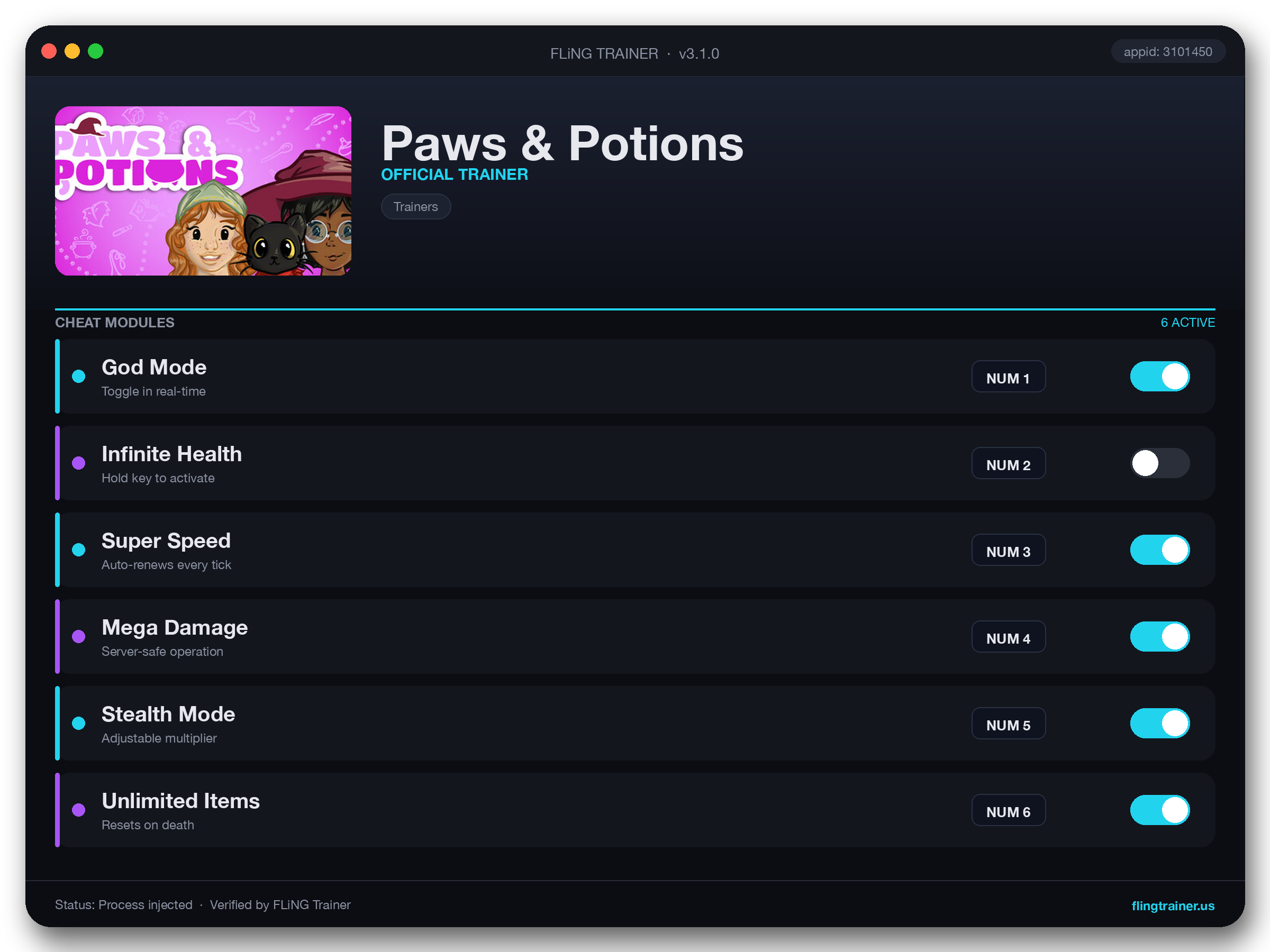 Paws & Potions Trainer interface