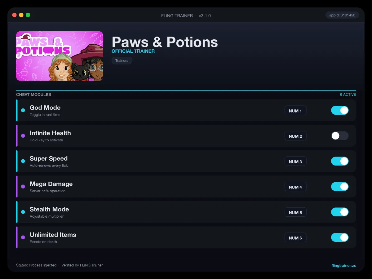Paws & Potions Trainer interface