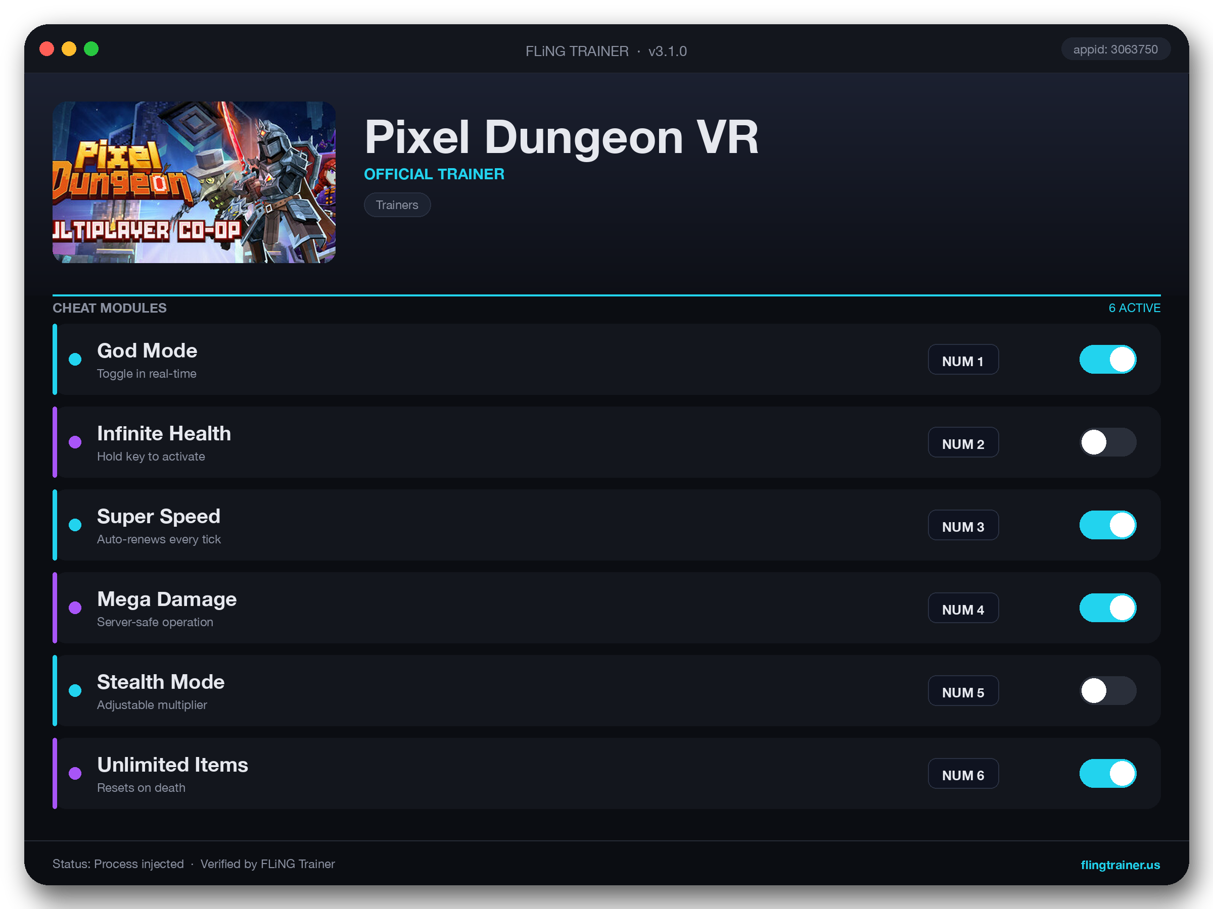 Pixel Dungeon VR Trainer interface