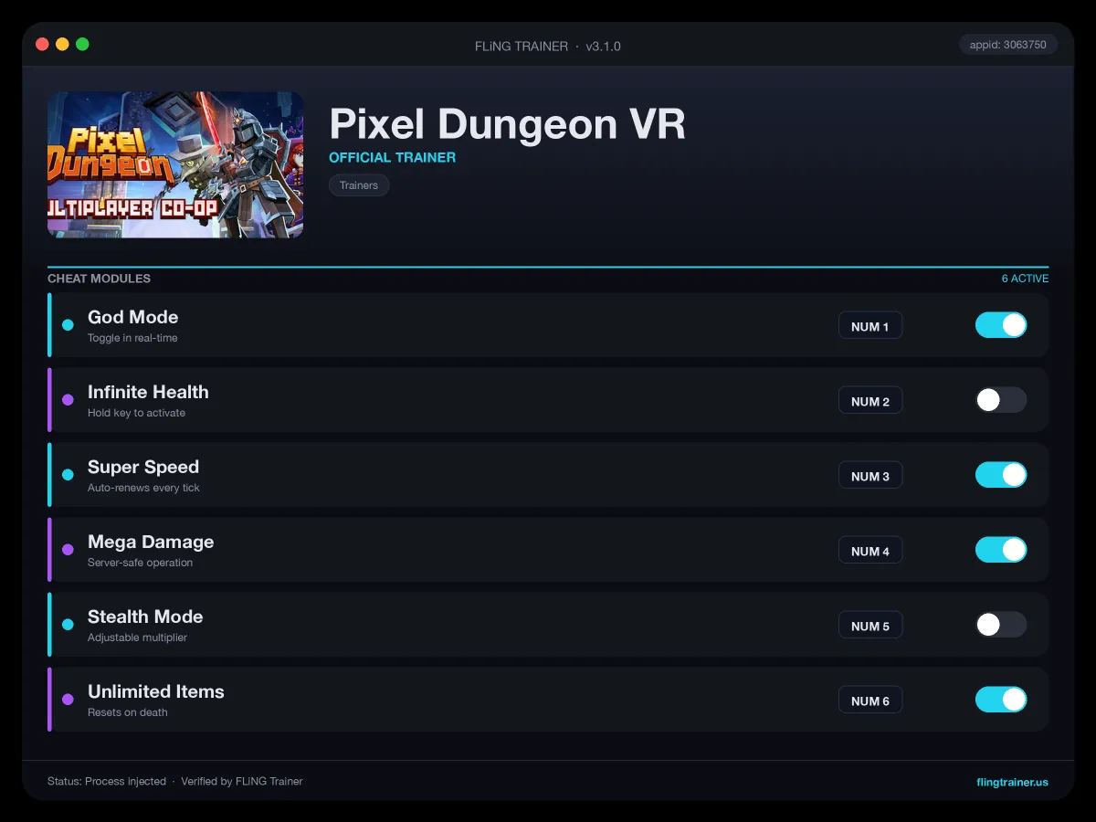 Pixel Dungeon VR Trainer interface