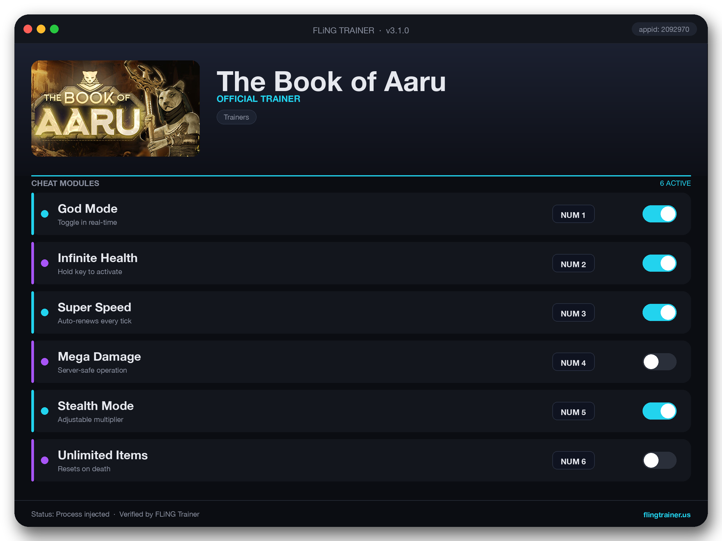 The Book of Aaru Trainer interface