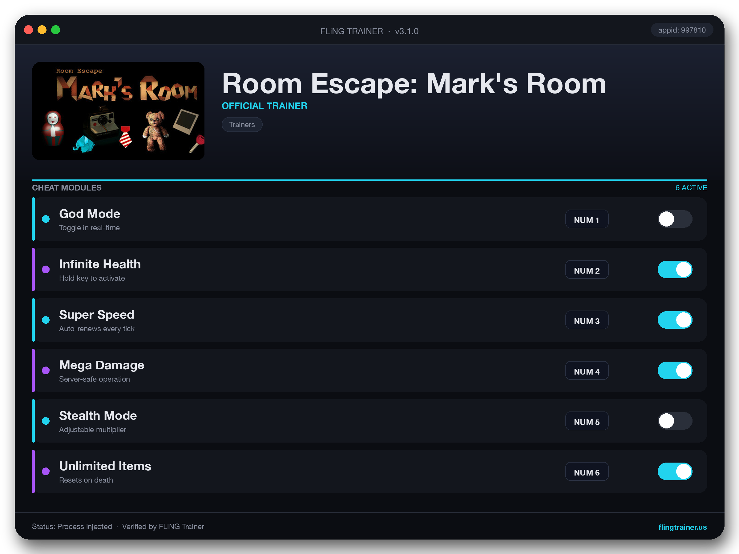 Room Escape: Mark's Room Trainer interface