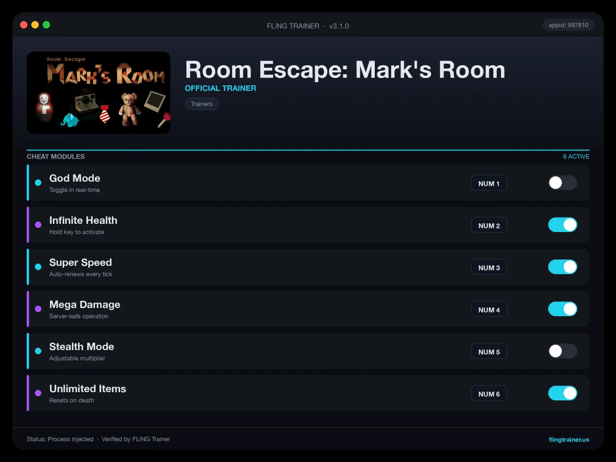 Room Escape: Mark's Room Trainer interface