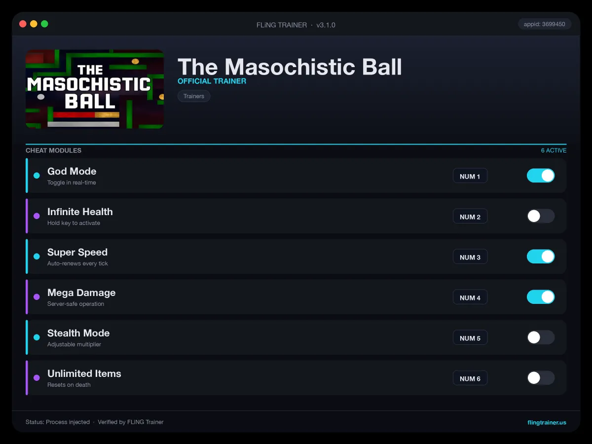 The Masochistic Ball Trainer interface