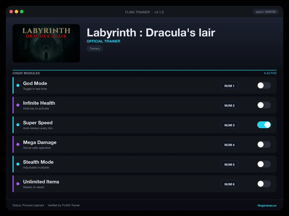Labyrinth : Dracula's lair Trainer interface