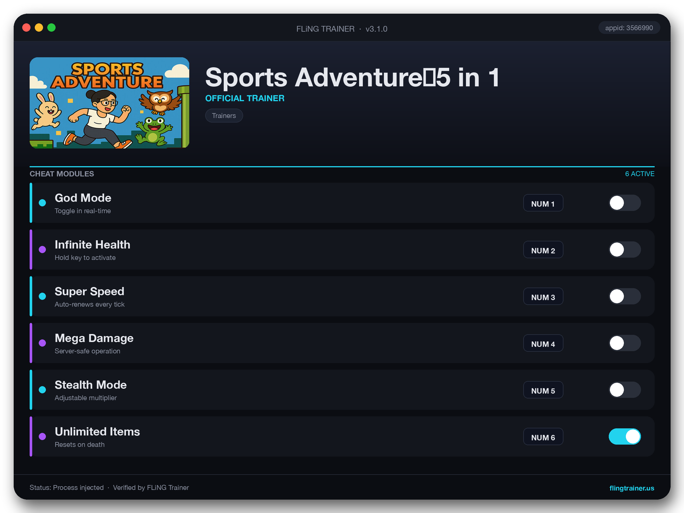 Sports Adventure：5 in 1 Trainer interface