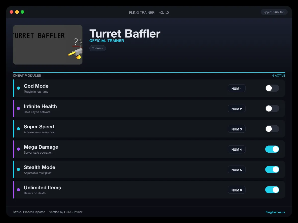 Turret Baffler Trainer interface