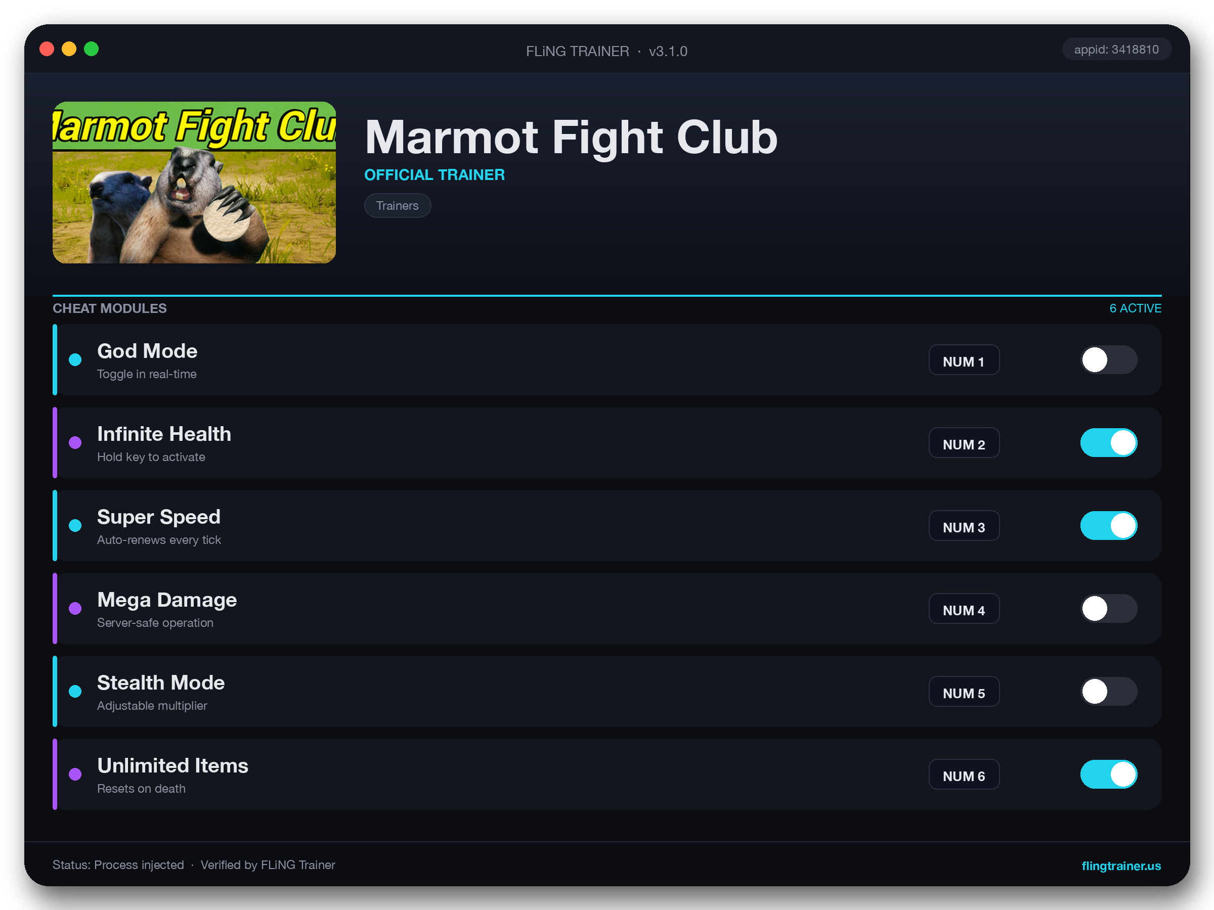 Marmot Fight Club Trainer interface