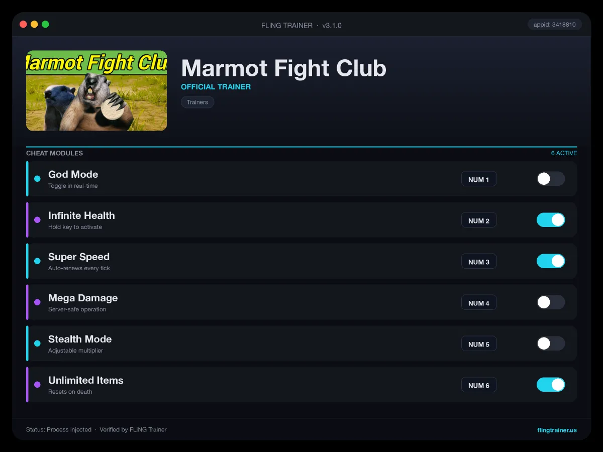 Marmot Fight Club Trainer interface