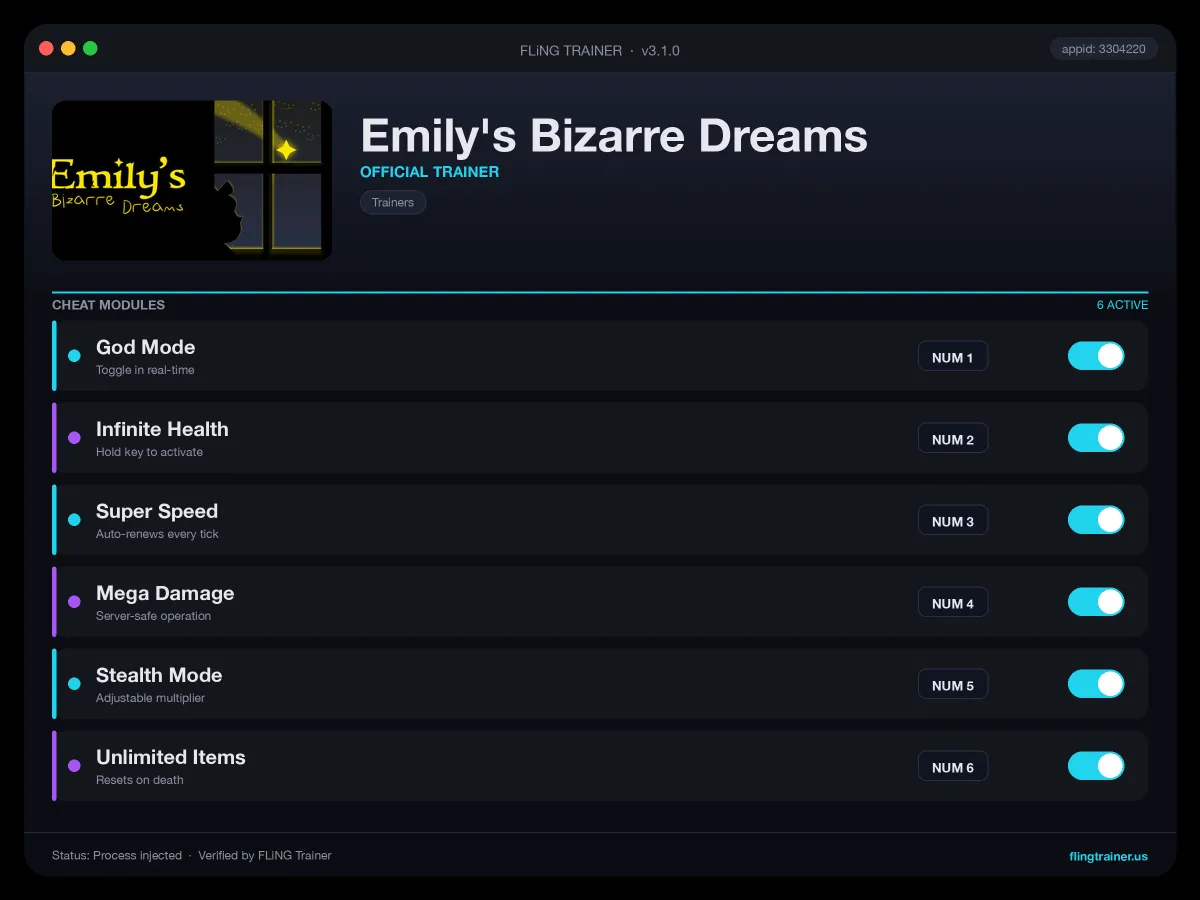 Emily's Bizarre Dreams Trainer interface