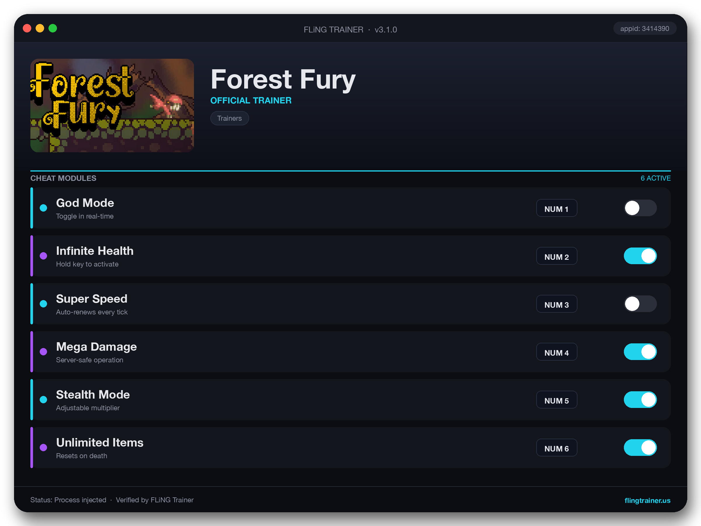 Forest Fury Trainer interface