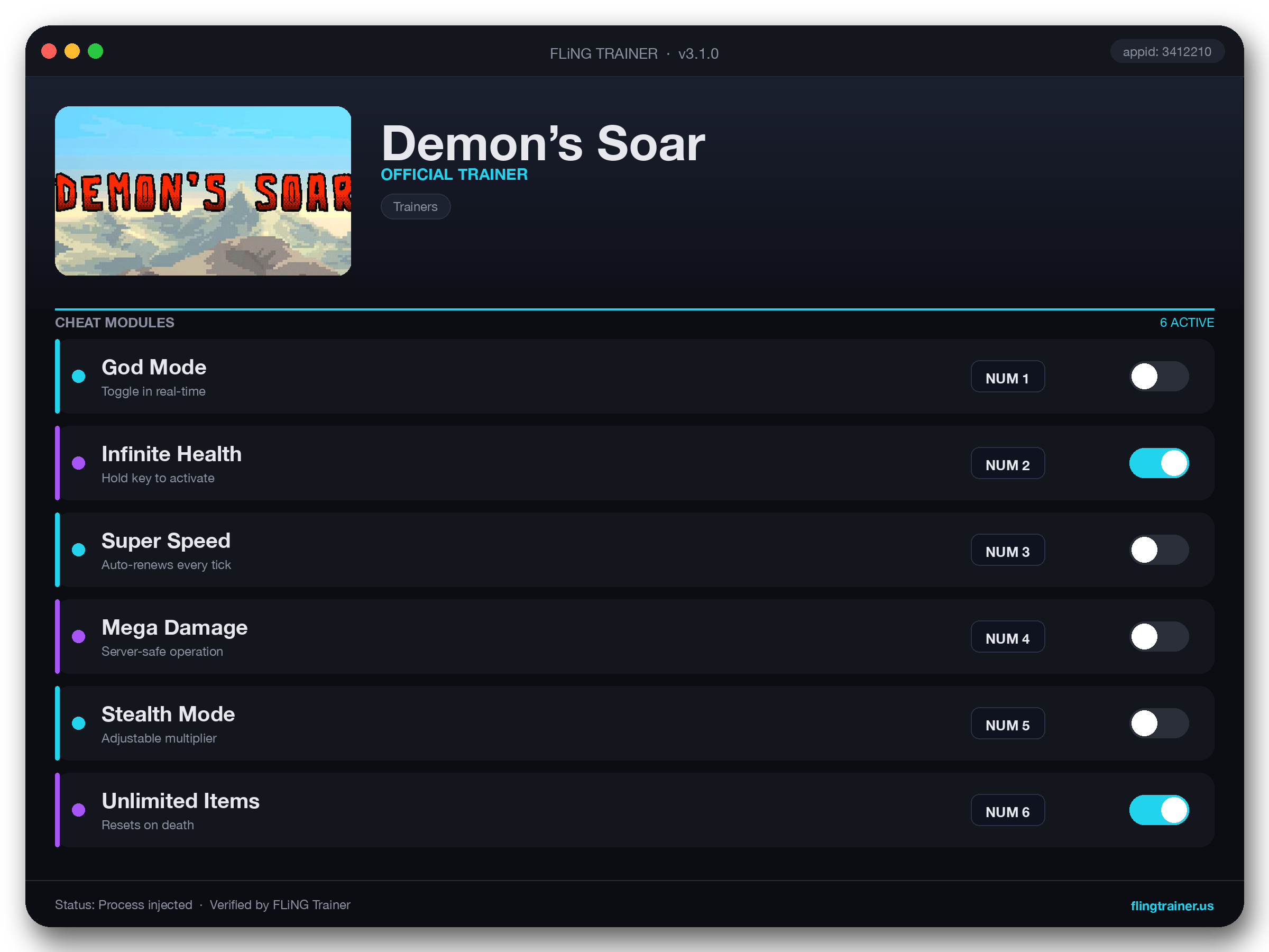 Demon’s Soar Trainer interface