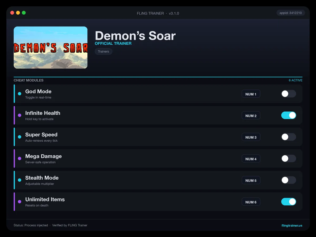 Demon’s Soar Trainer interface