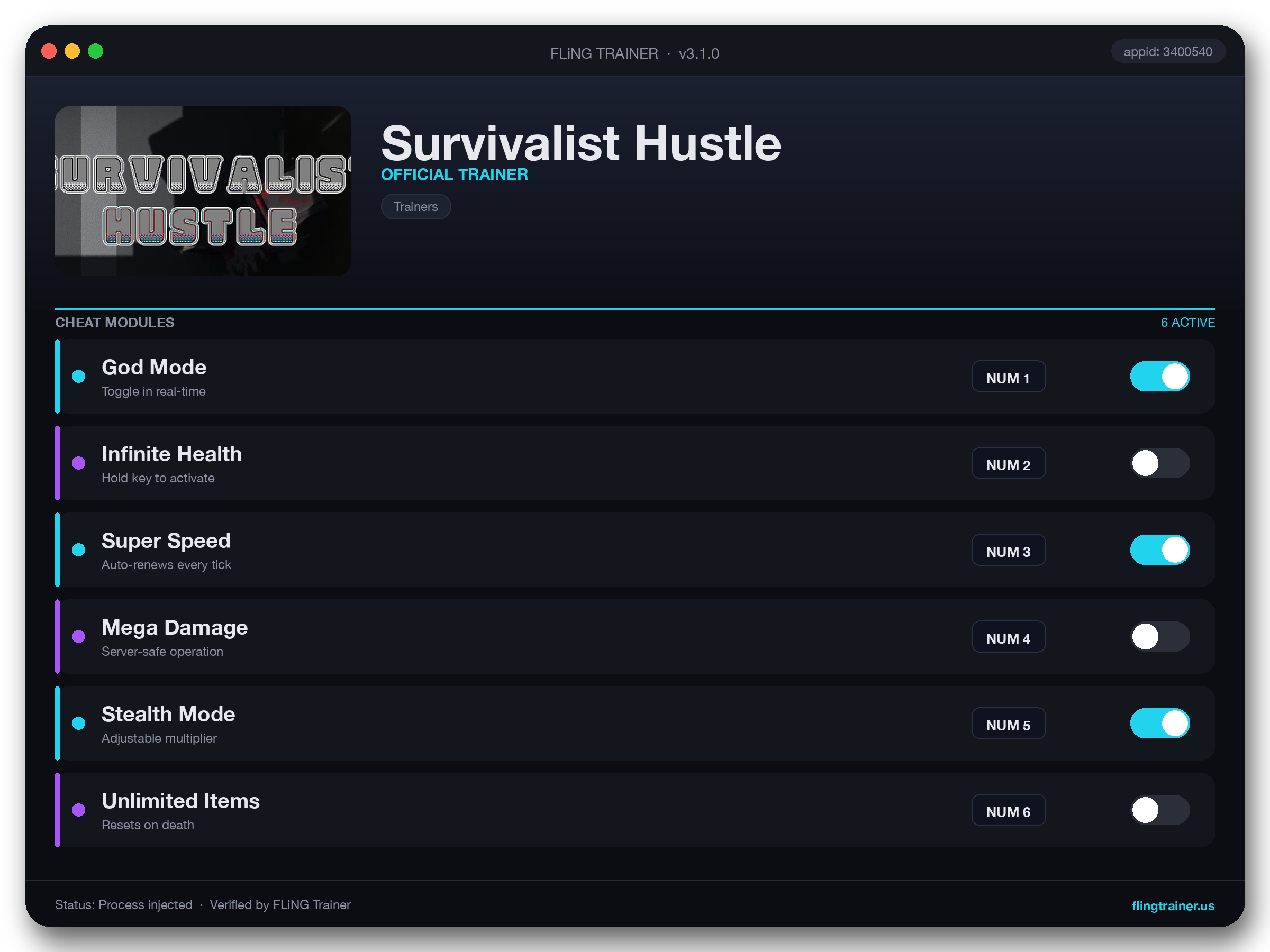 Survivalist Hustle Trainer interface