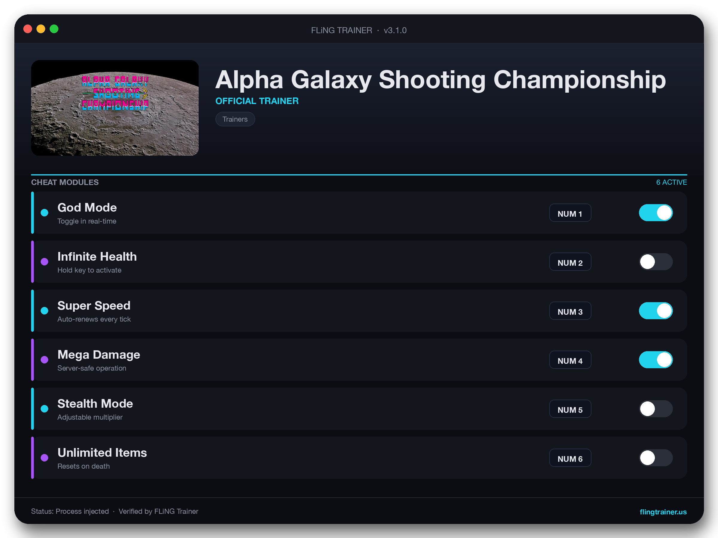 Alpha Galaxy Shooting Championship Trainer interface