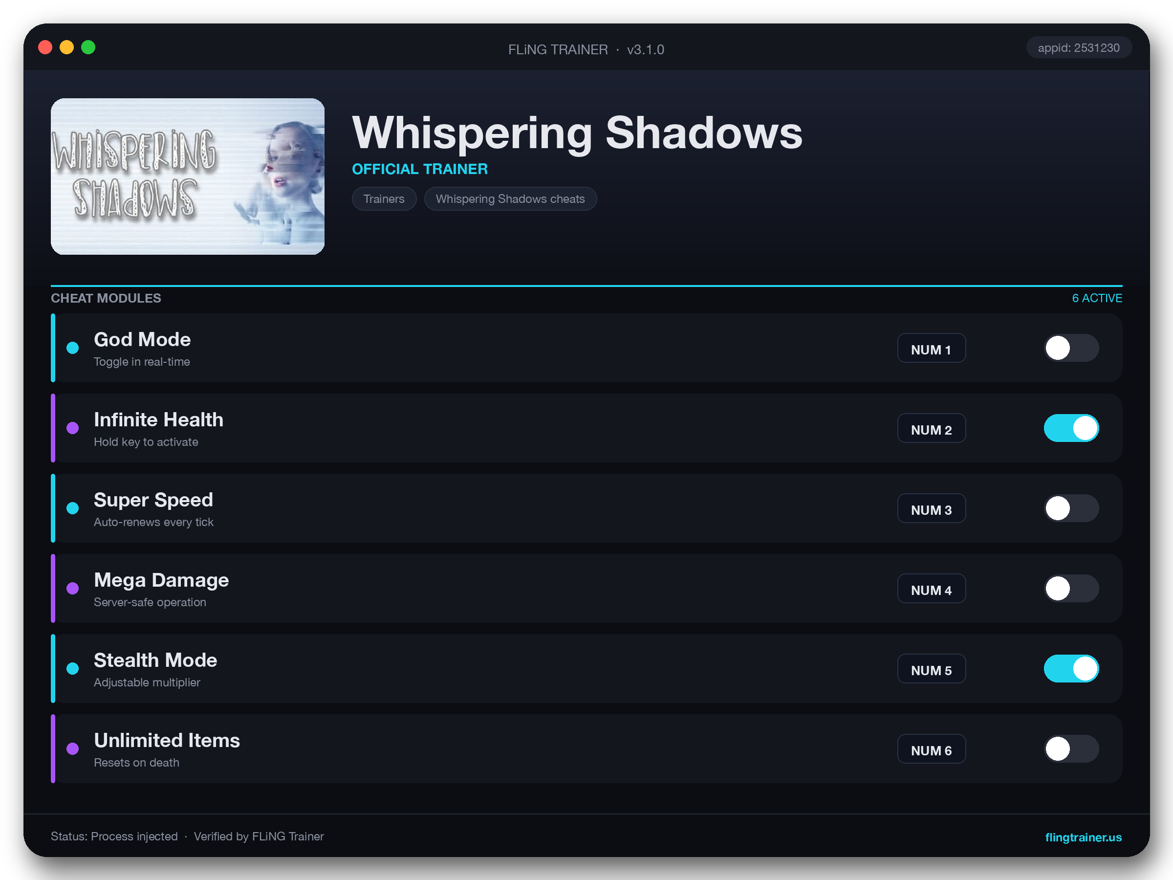 Whispering Shadows Trainer interface