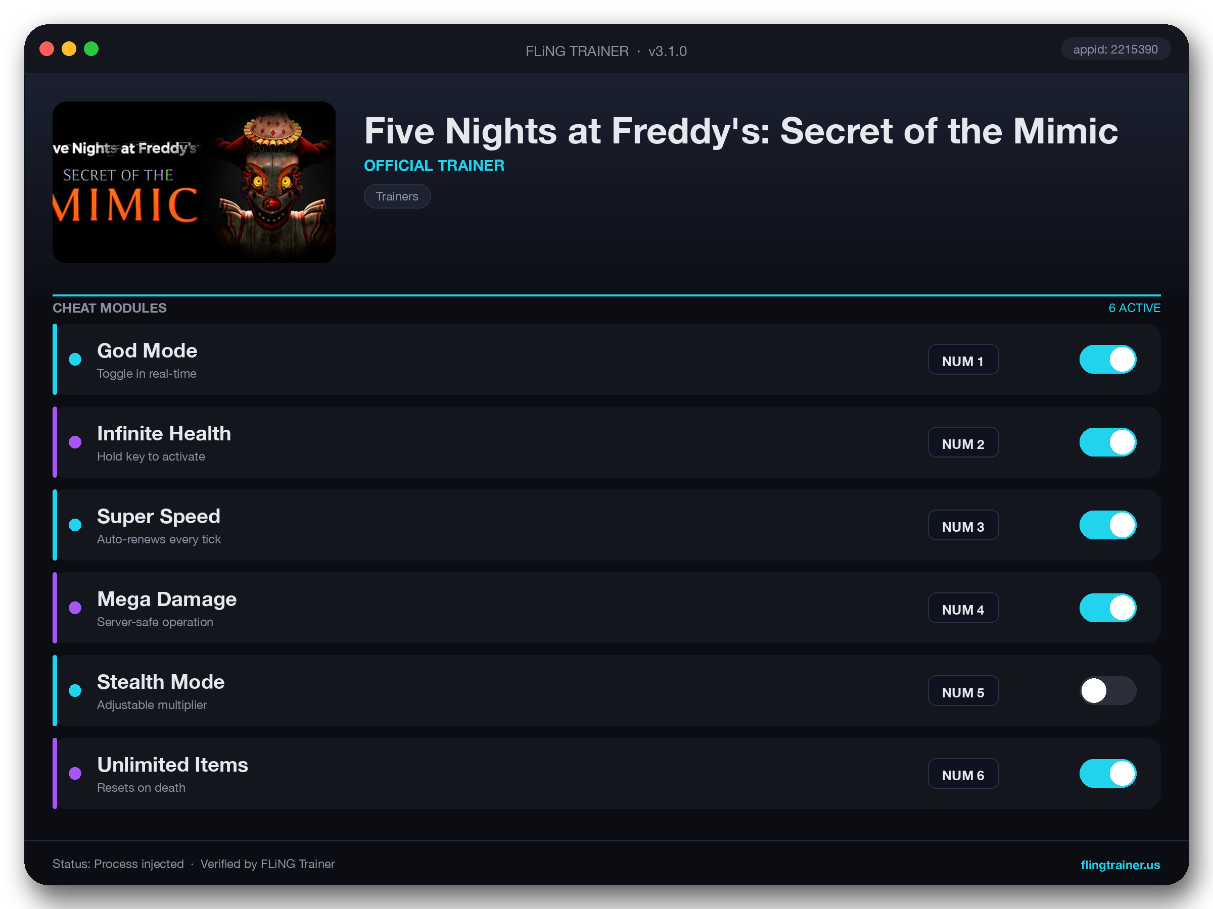 Five Nights at Freddy's: Secret of the Mimic Trainer interface