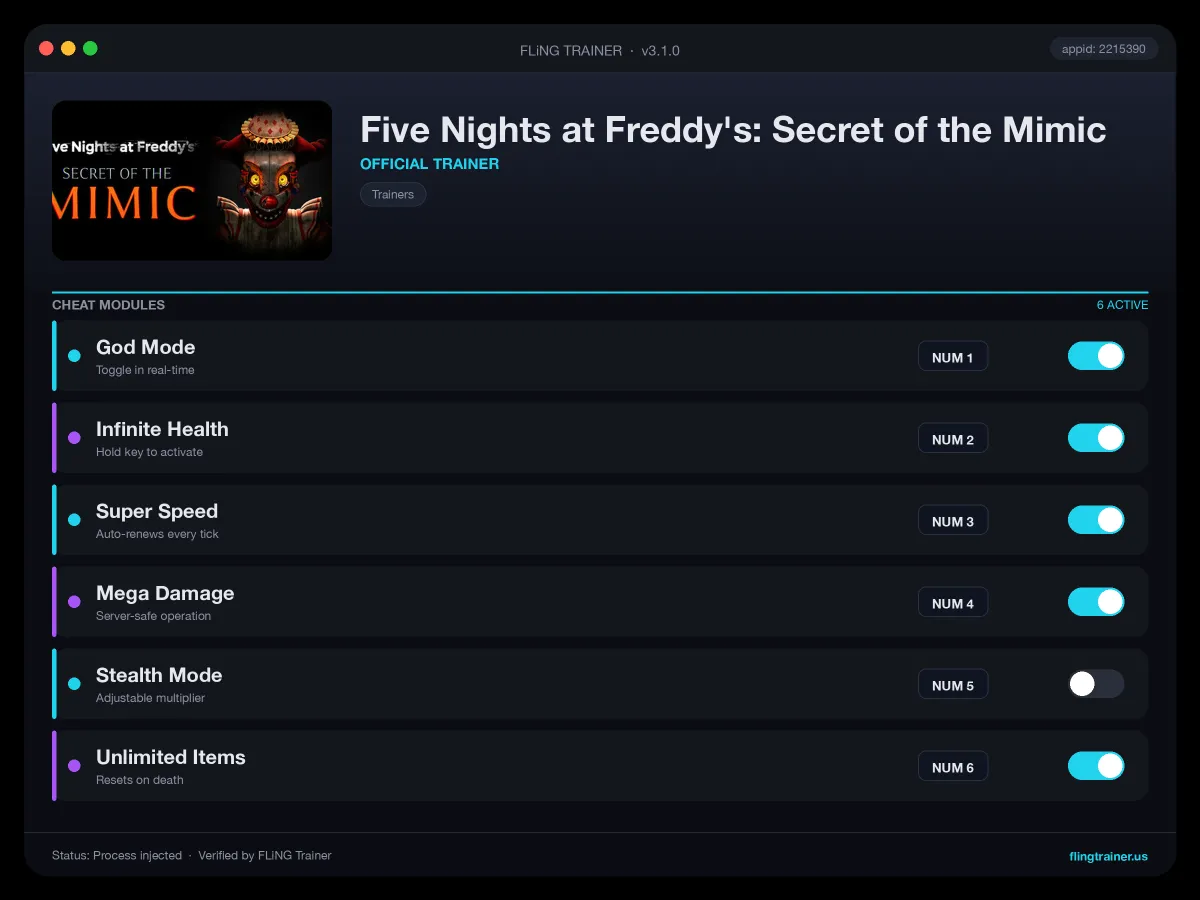 Five Nights at Freddy's: Secret of the Mimic Trainer interface