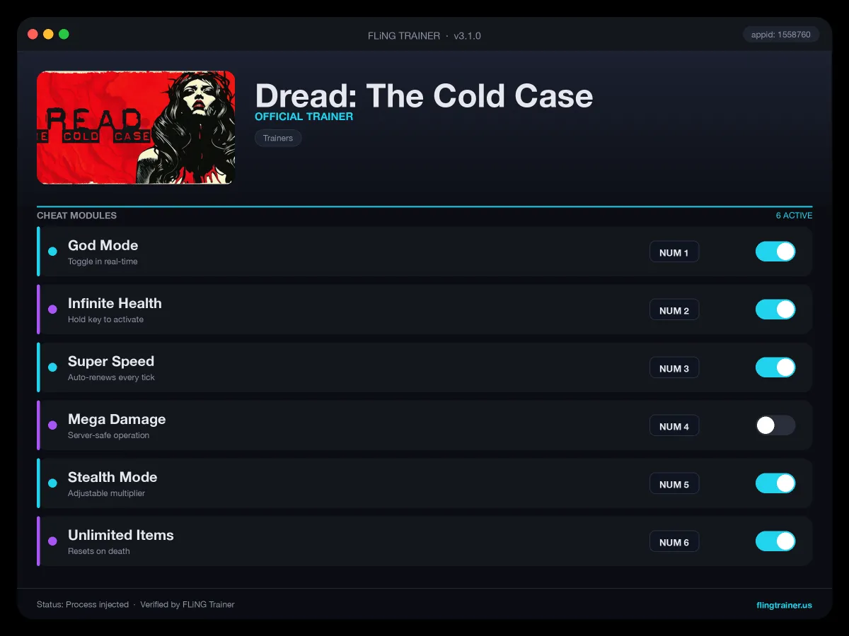 Dread: The Cold Case Trainer interface