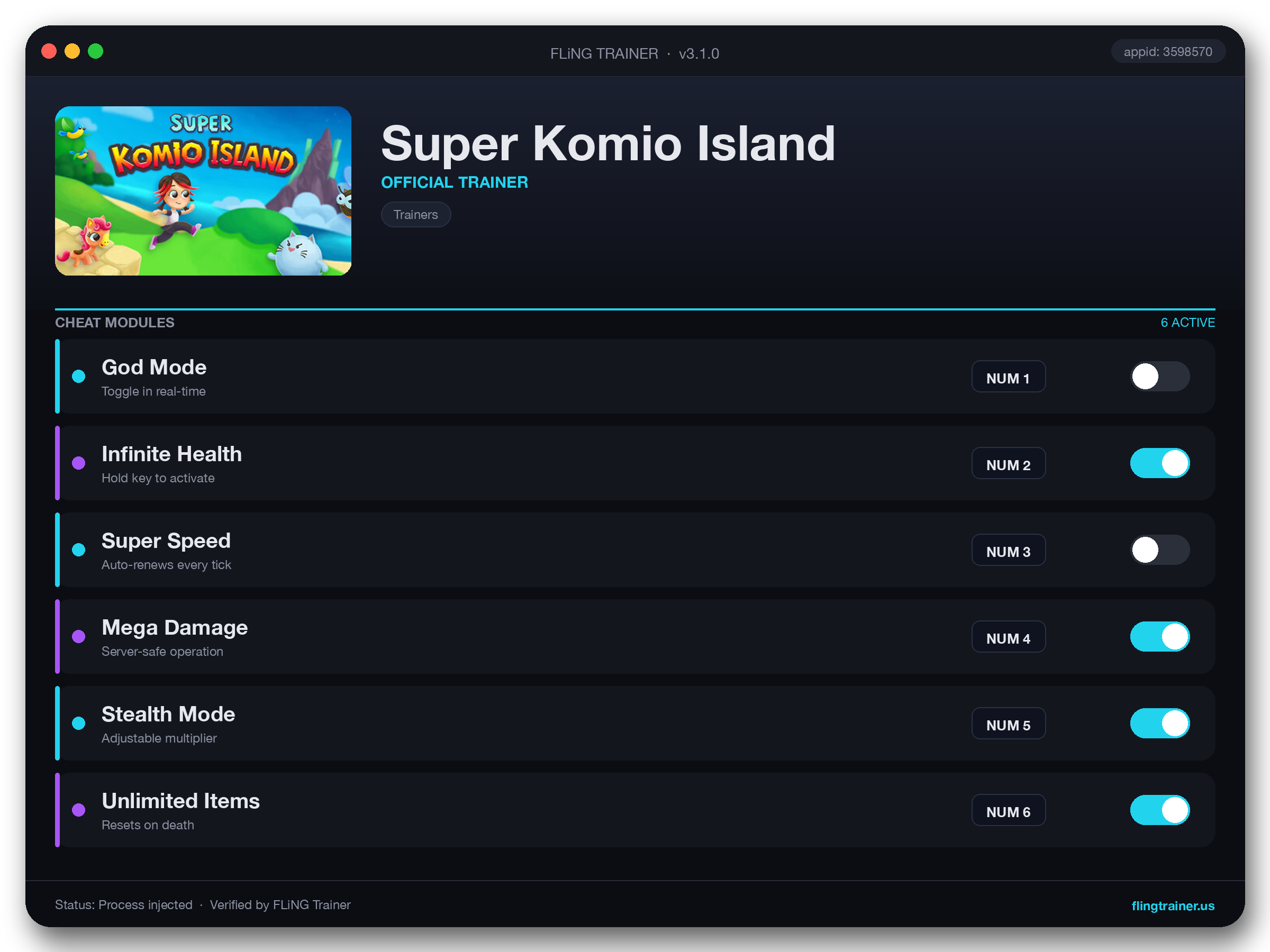 Super Komio Island Trainer interface