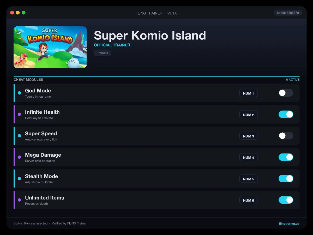 Super Komio Island Trainer interface