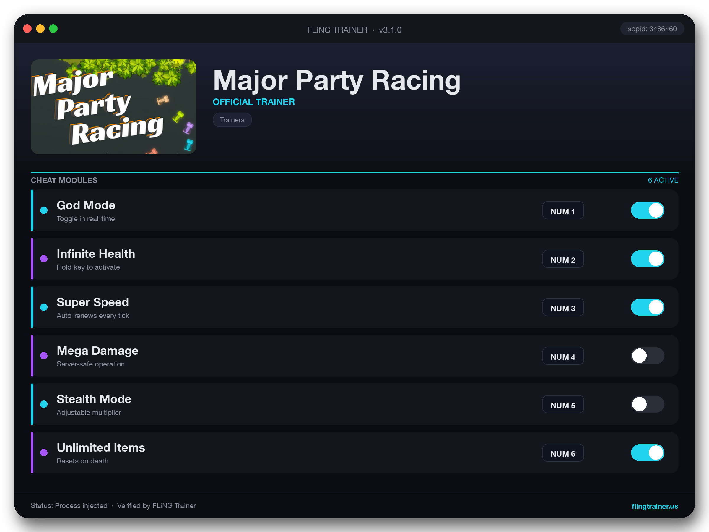 Major Party Racing Trainer interface