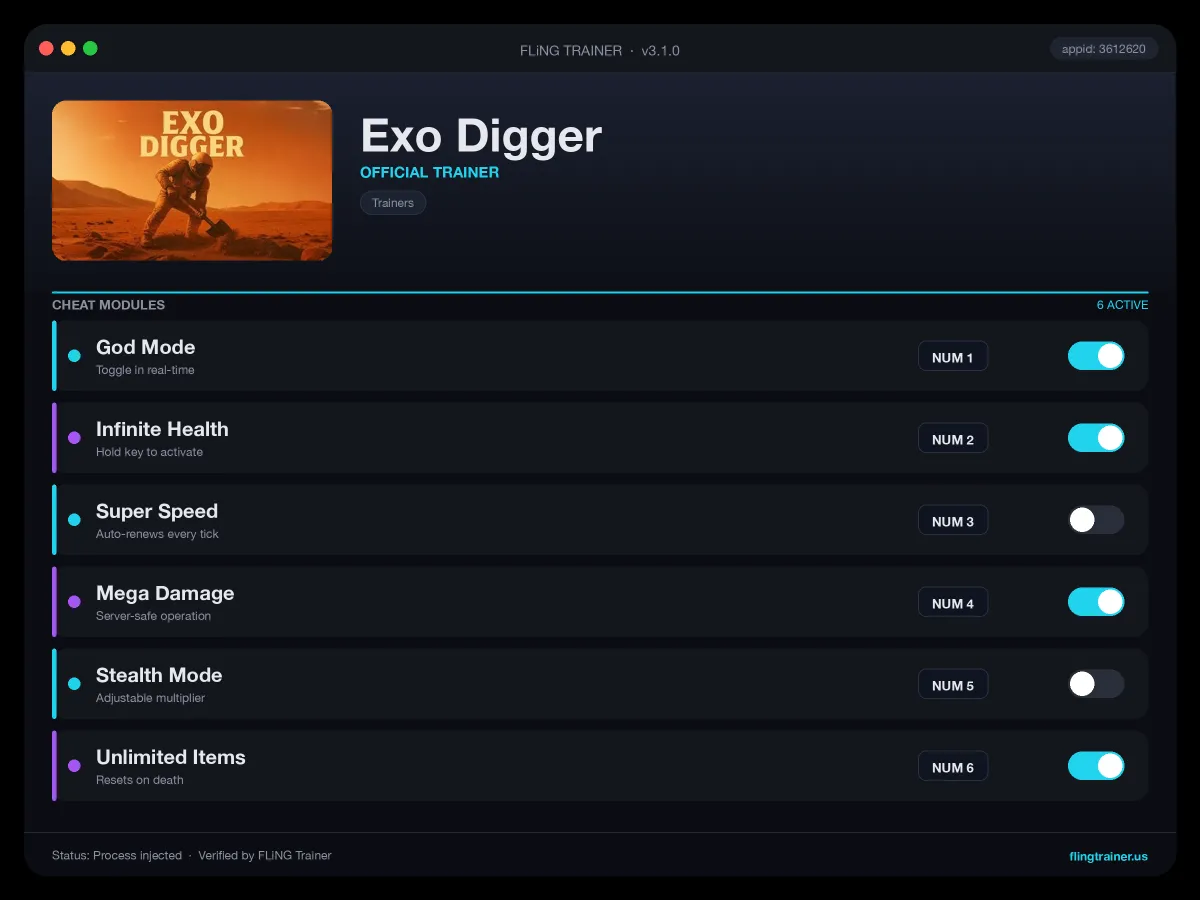Exo Digger Trainer interface