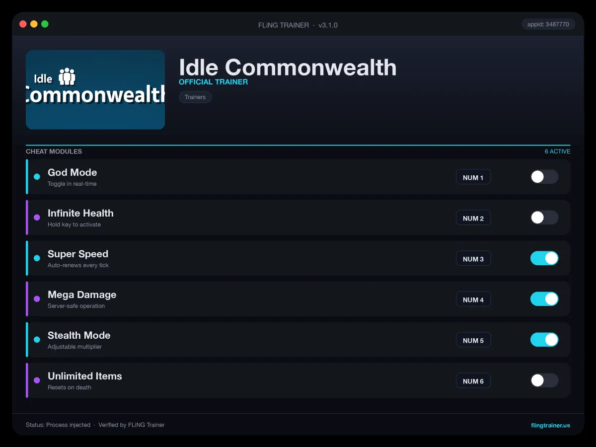 Idle Commonwealth Trainer interface