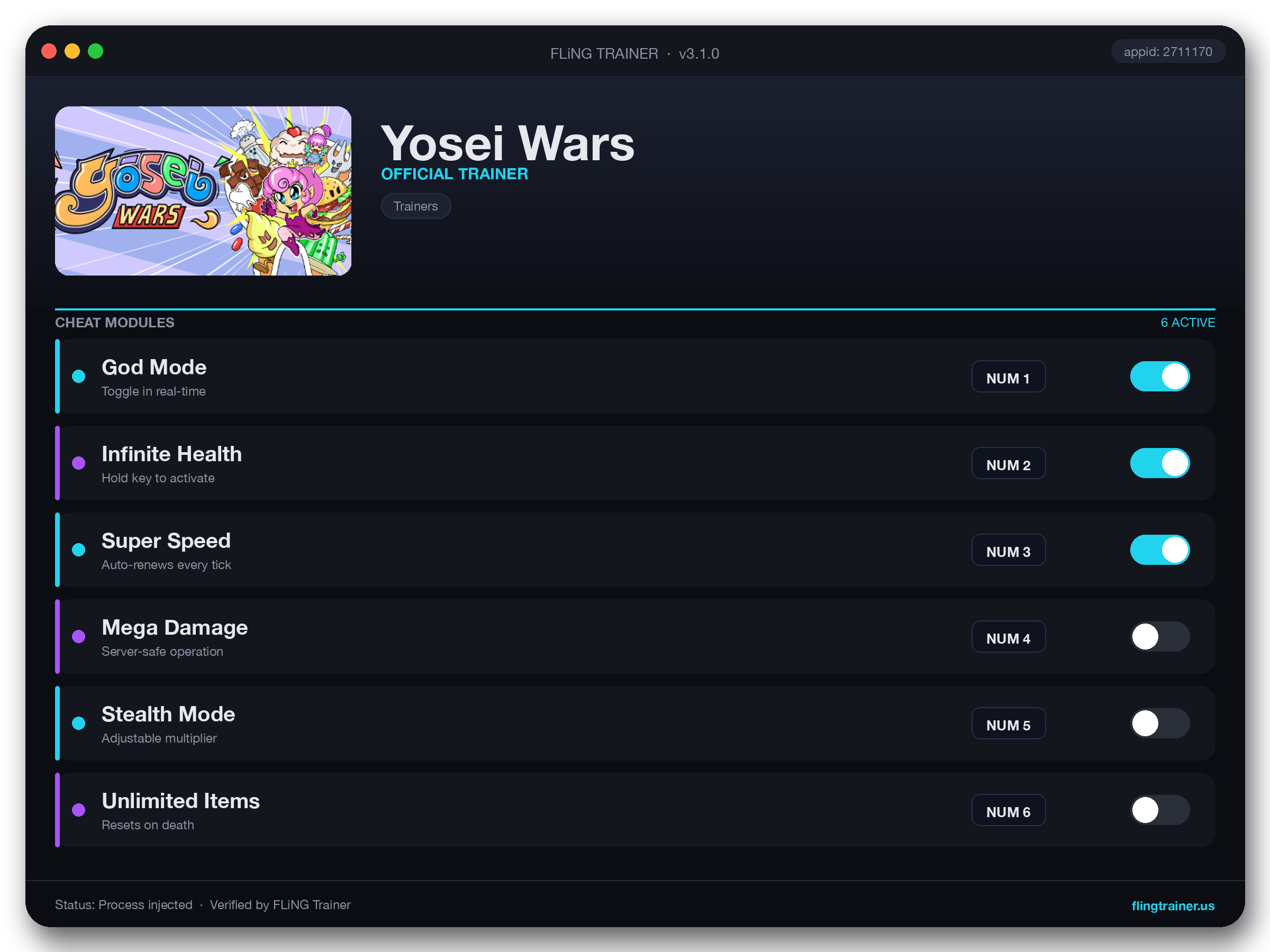 Yosei Wars Trainer interface