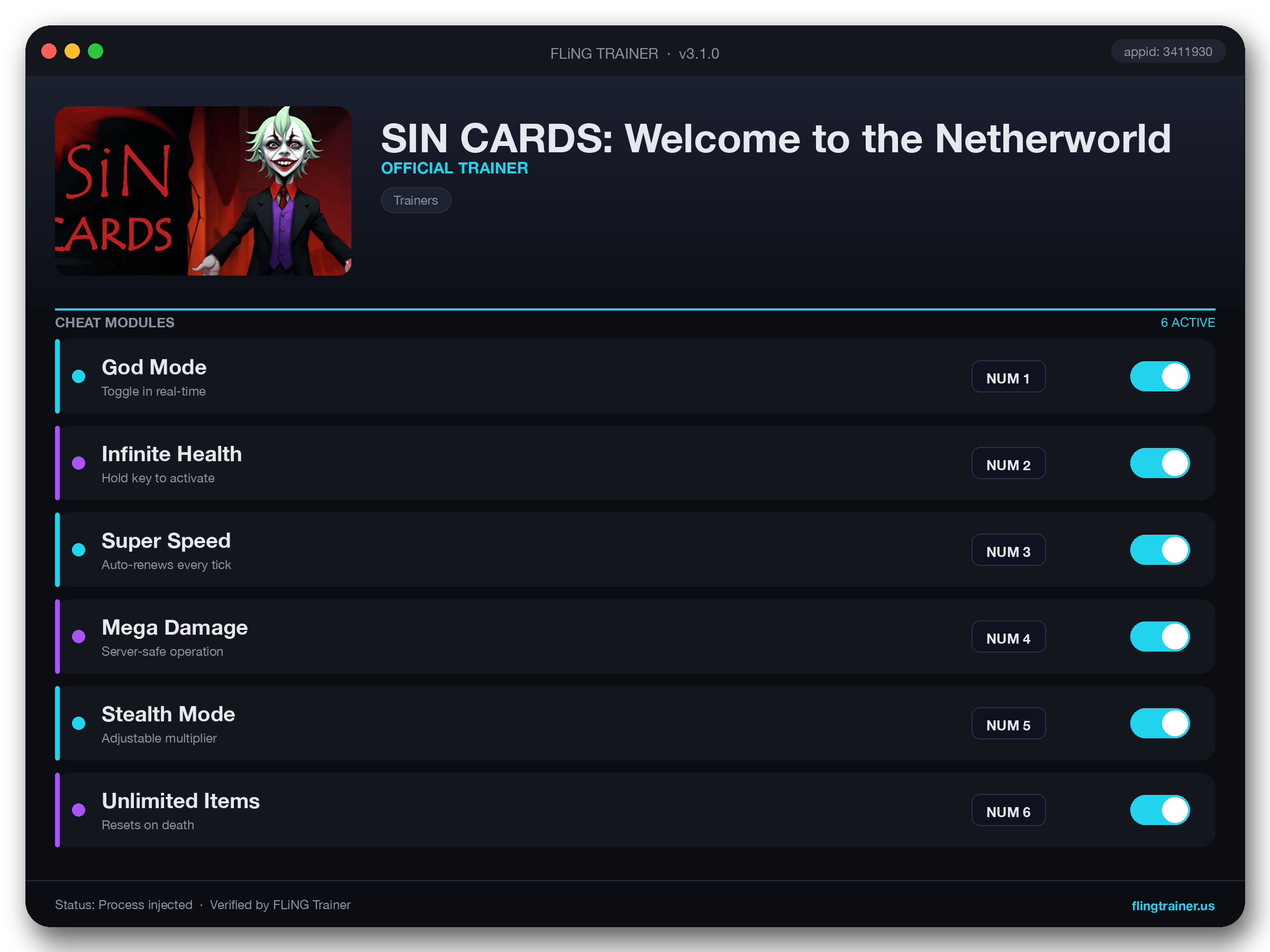 SIN CARDS: Welcome to the Netherworld Trainer interface