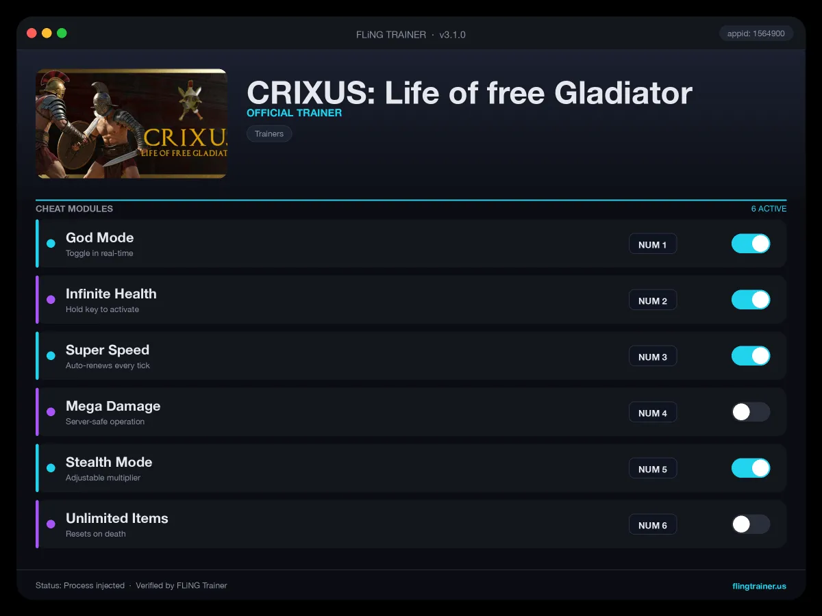 CRIXUS: Life of free Gladiator Trainer interface