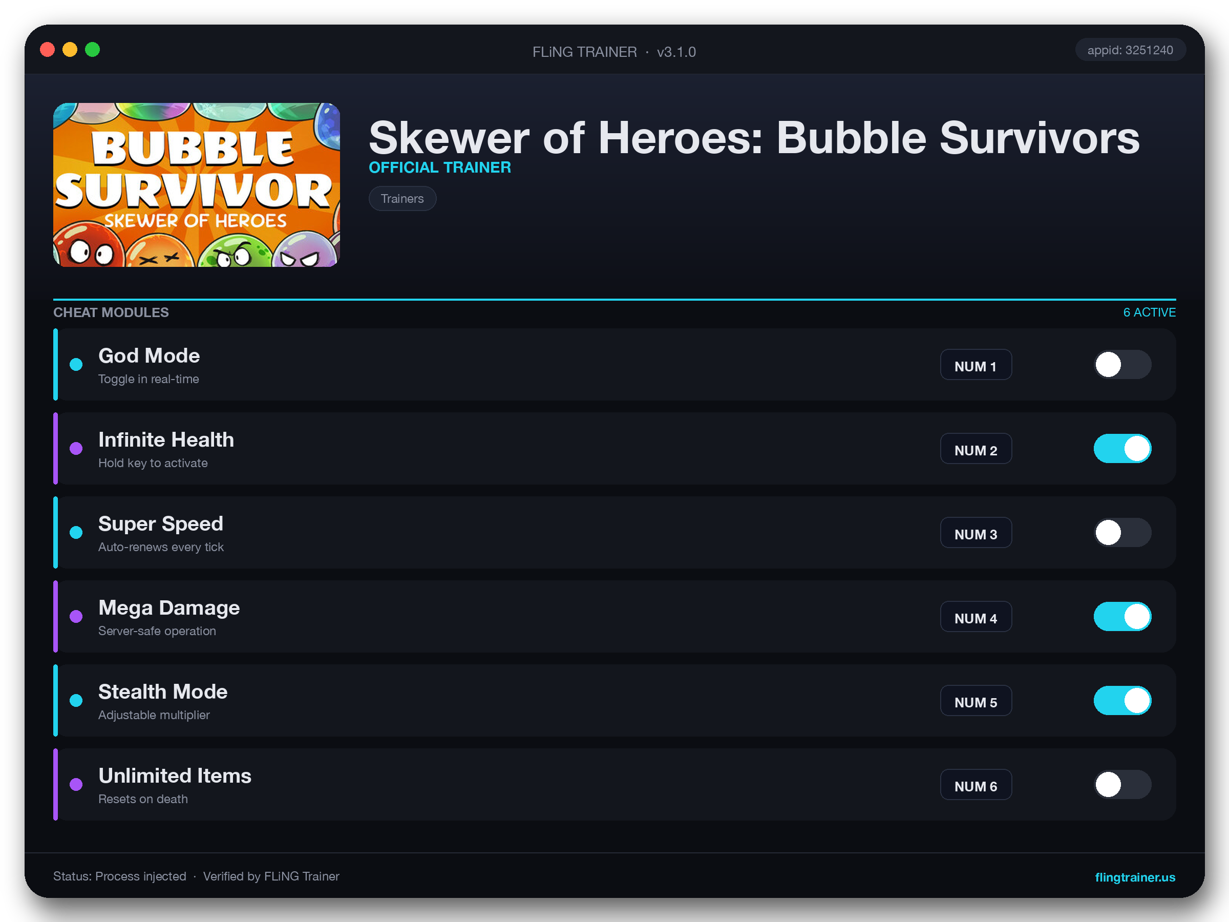 Skewer of Heroes: Bubble Survivors Trainer interface