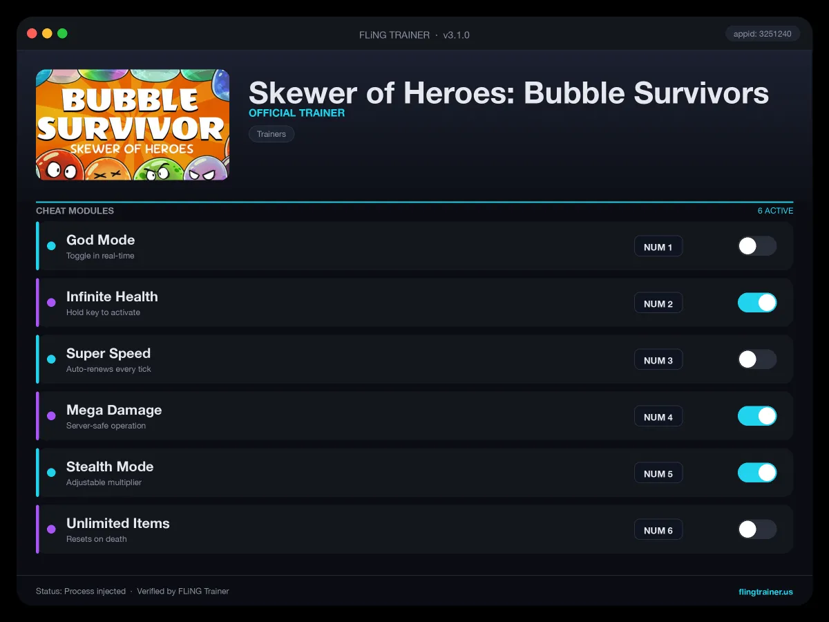 Skewer of Heroes: Bubble Survivors Trainer interface