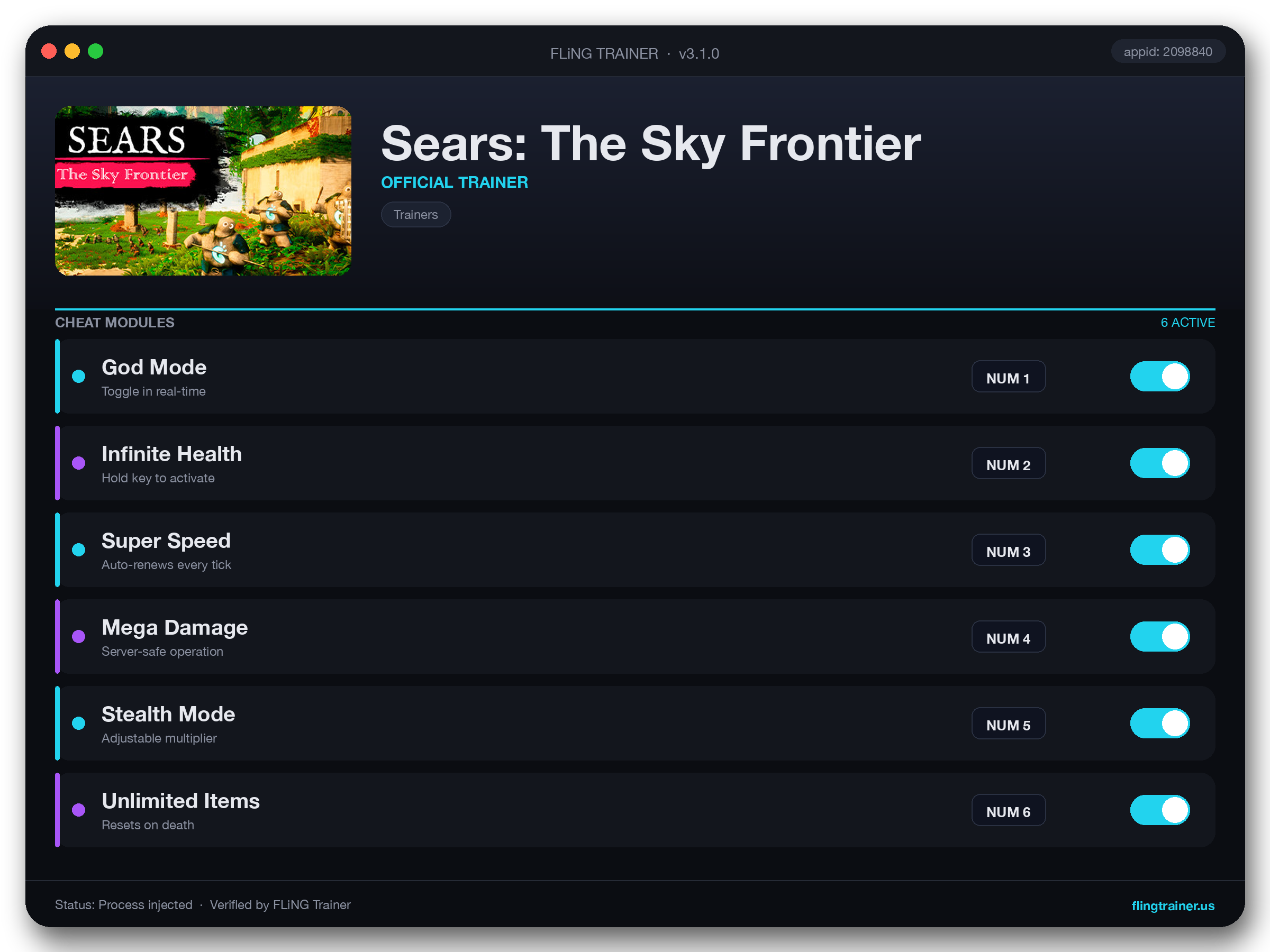 Sears: The Sky Frontier Trainer interface