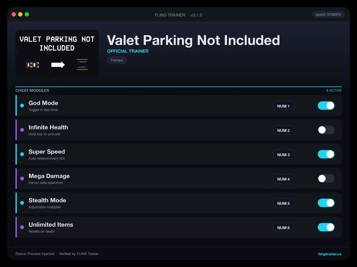 Valet Parking Not Included Trainer interface
