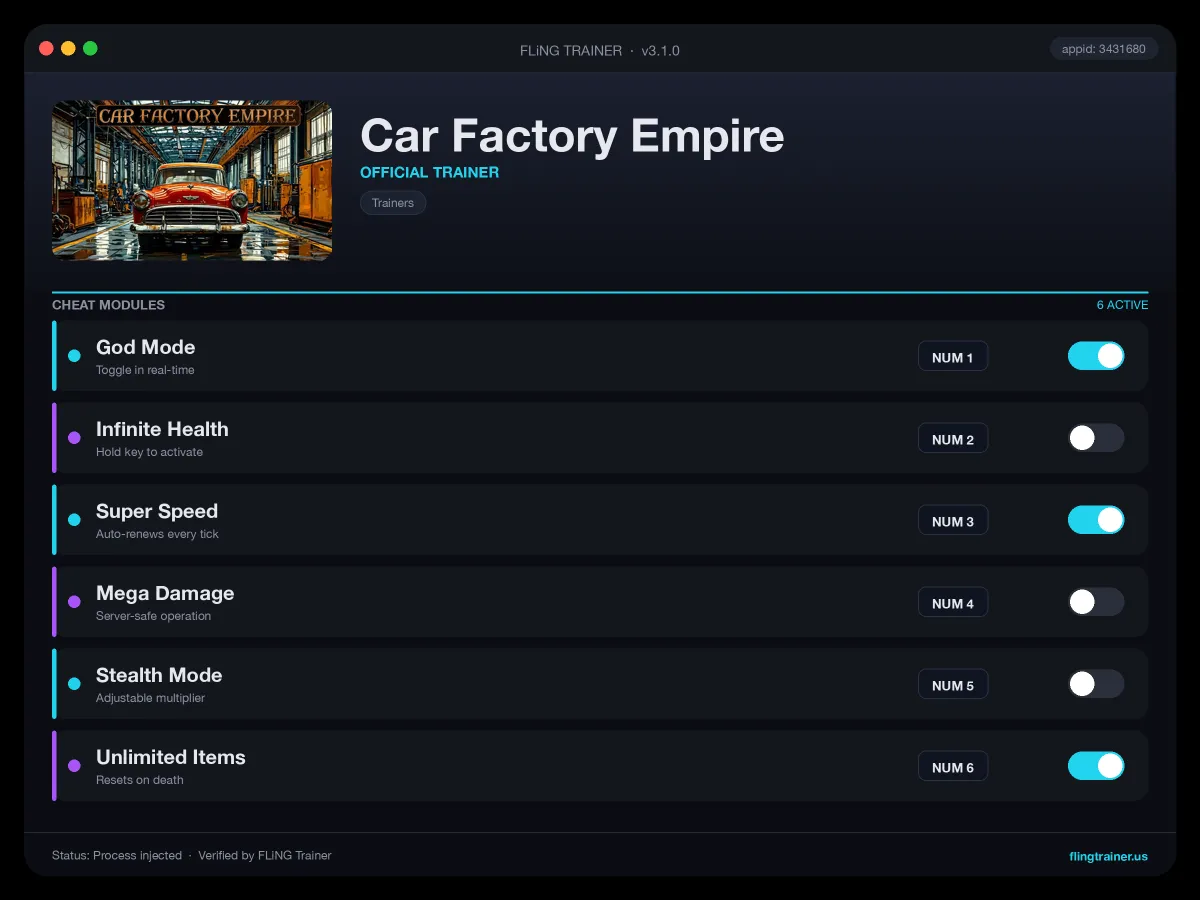 Car Factory Empire Trainer interface