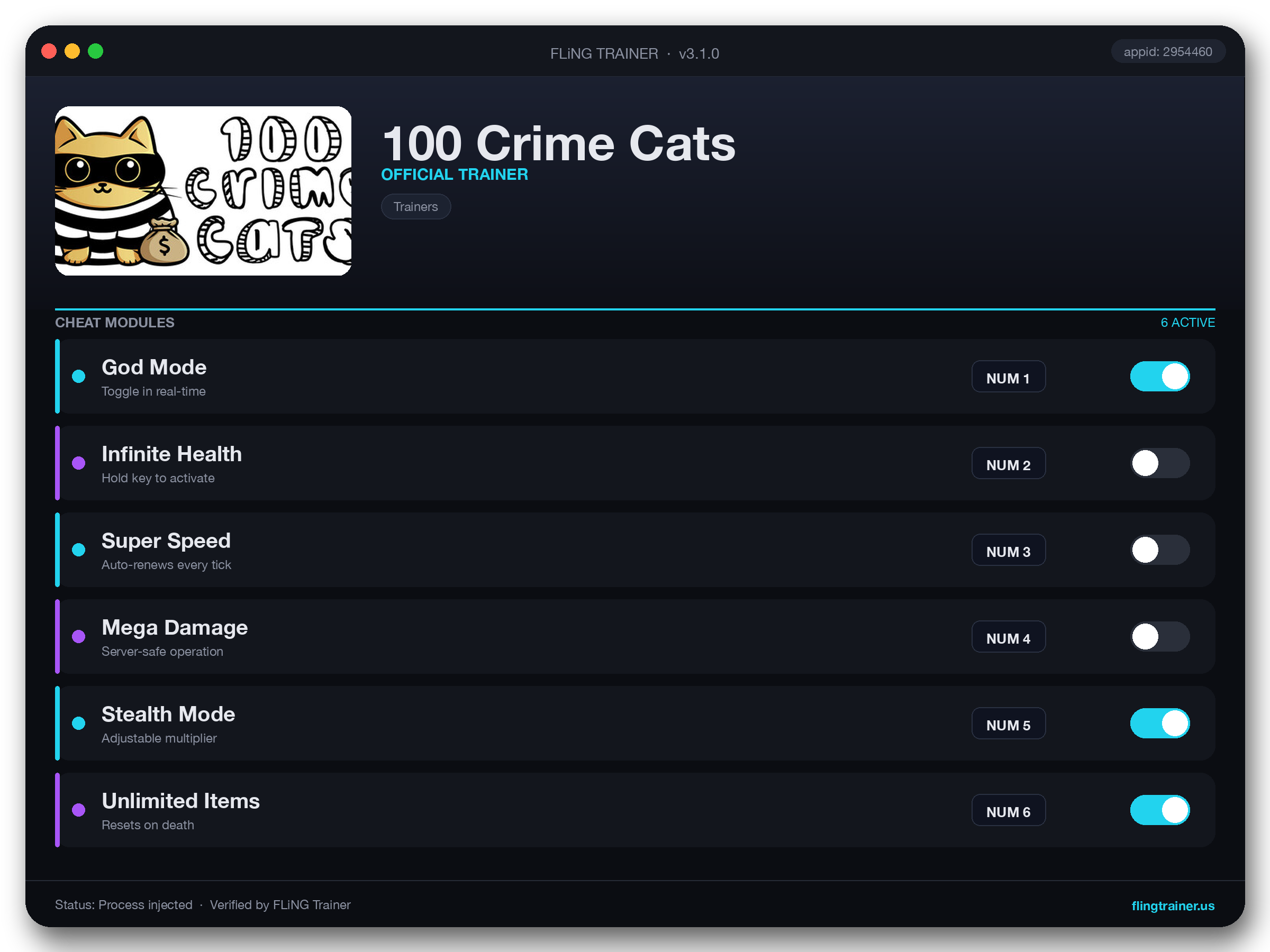 100 Crime Cats Trainer interface