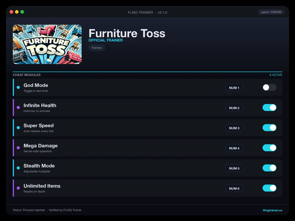 Furniture Toss Trainer interface